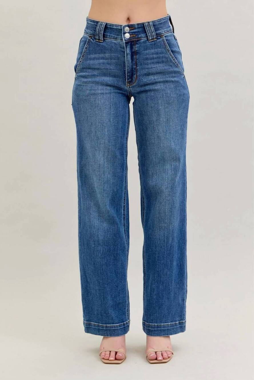 NEW JUDY BLUE high waist double button wide leg denim jeans -plus in blue
